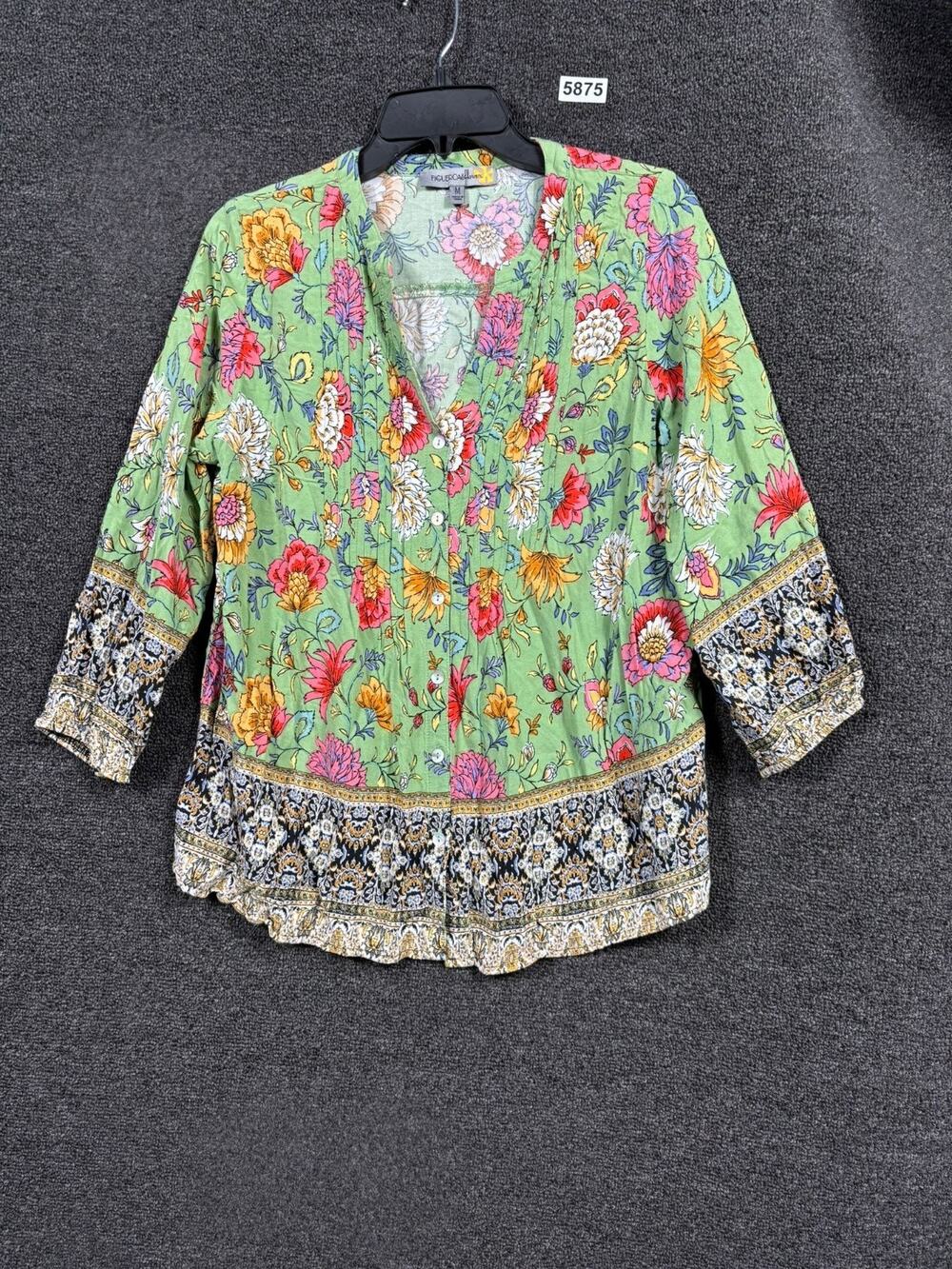 Figueroa & Flower Peasant Blouse Womens Size M Green Multi Floral Semi Sheer